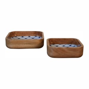Solid Mango Wood Blue and White Square Bowl Set of 2