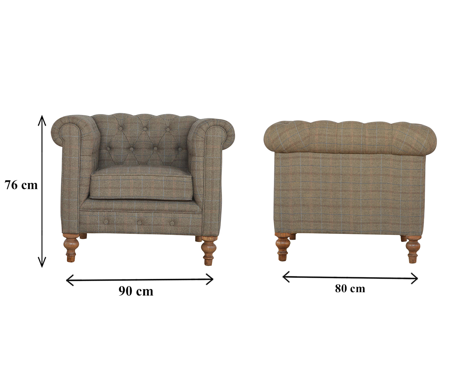 Solid Mango Wood Single Seater Chesterfield Multi Tweed Arm Chair - Image 8