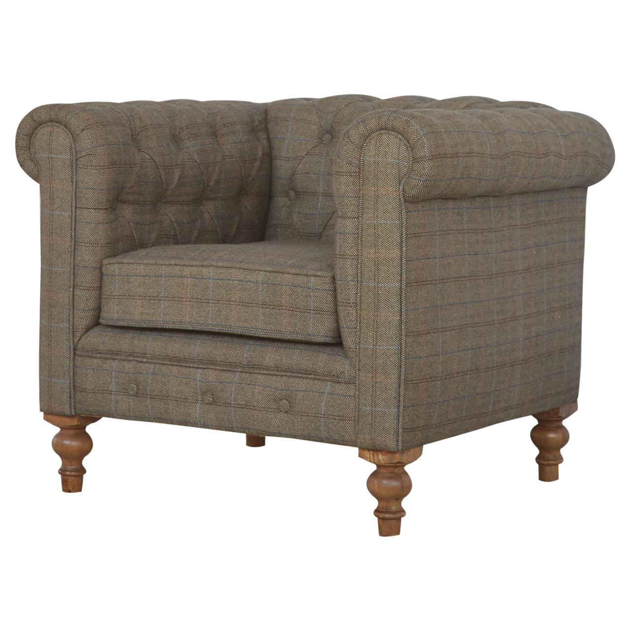 Solid Mango Wood Single Seater Chesterfield Multi Tweed Arm Chair - Image 2