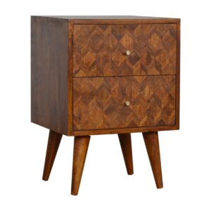 Solid Mango Wood Chestnut Finished 2 Drawer Herringbone Pattern Bedside