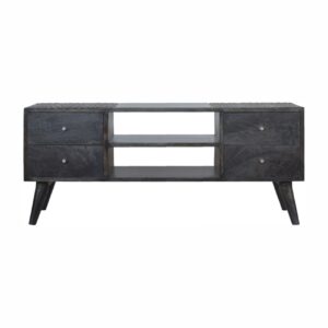Solid Mango Wood Black Ash Finished Scandinavian Style Four Drawer Two Slot Media Unit
