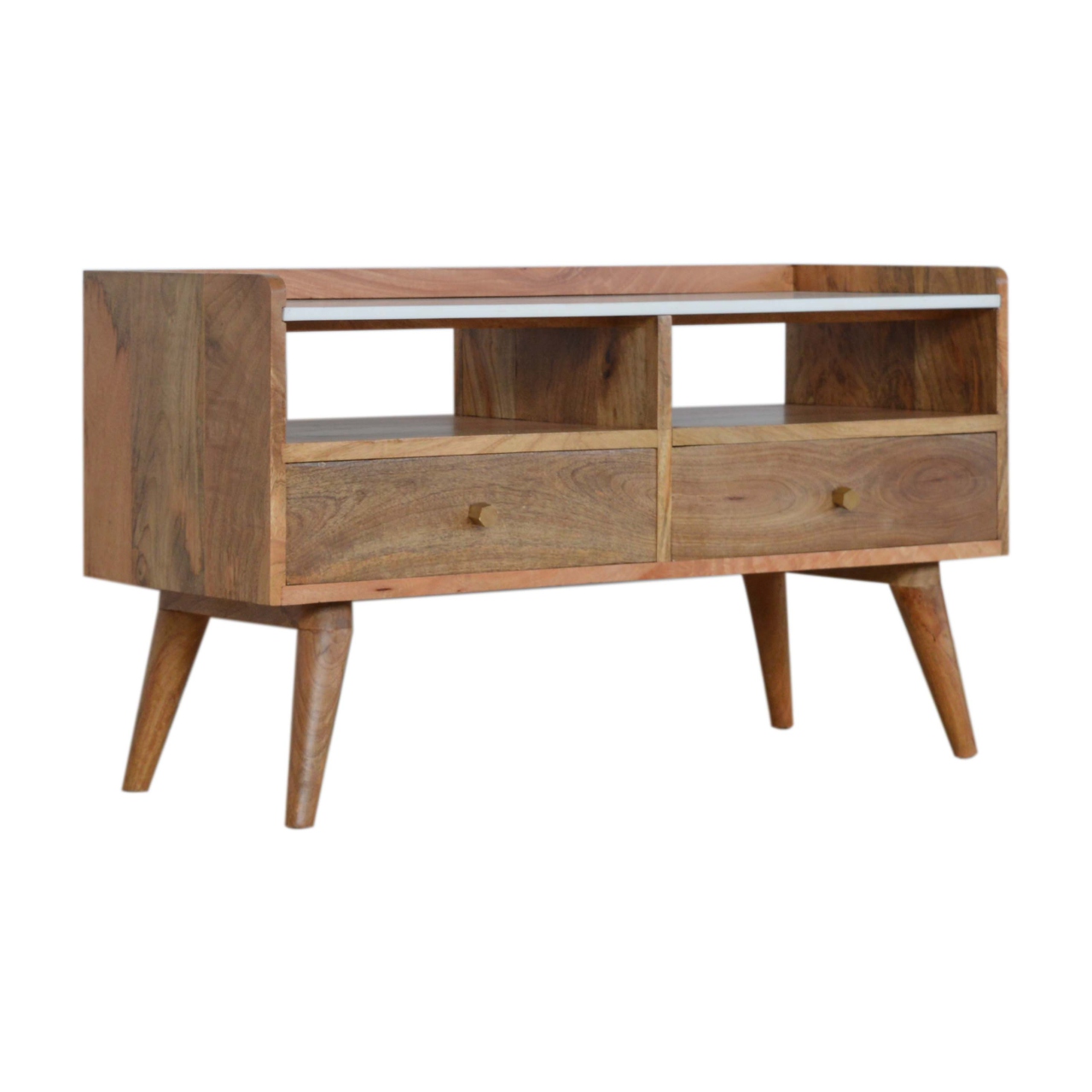 Solid Mango Wood Oak Finished White Topped Faux Marble 2 Drawer Scandinavian Style Media Unit - Image 2
