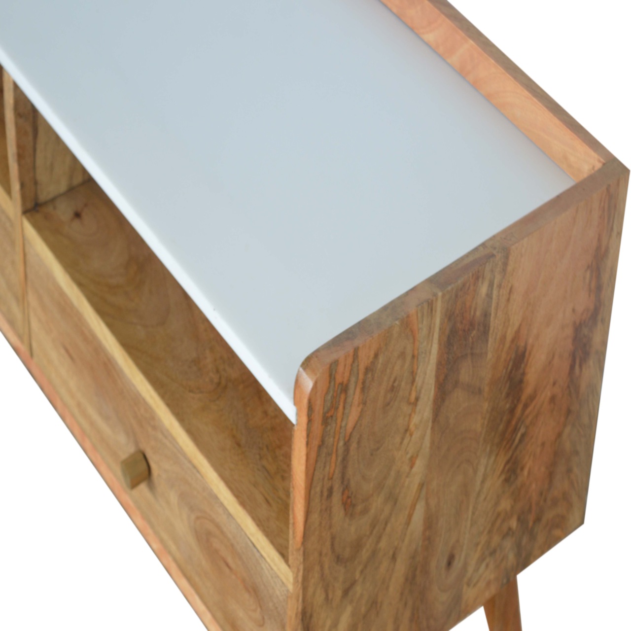 Solid Mango Wood Oak Finished White Topped Faux Marble 2 Drawer Scandinavian Style Media Unit - Image 4