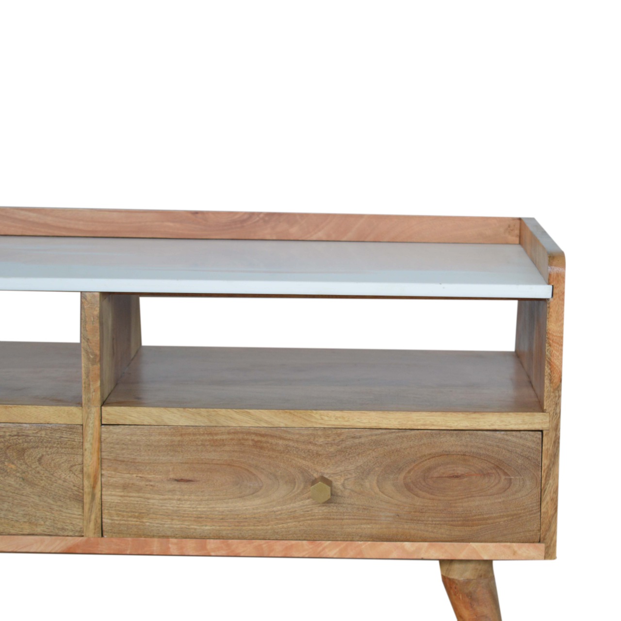 Solid Mango Wood Oak Finished White Topped Faux Marble 2 Drawer Scandinavian Style Media Unit - Image 5