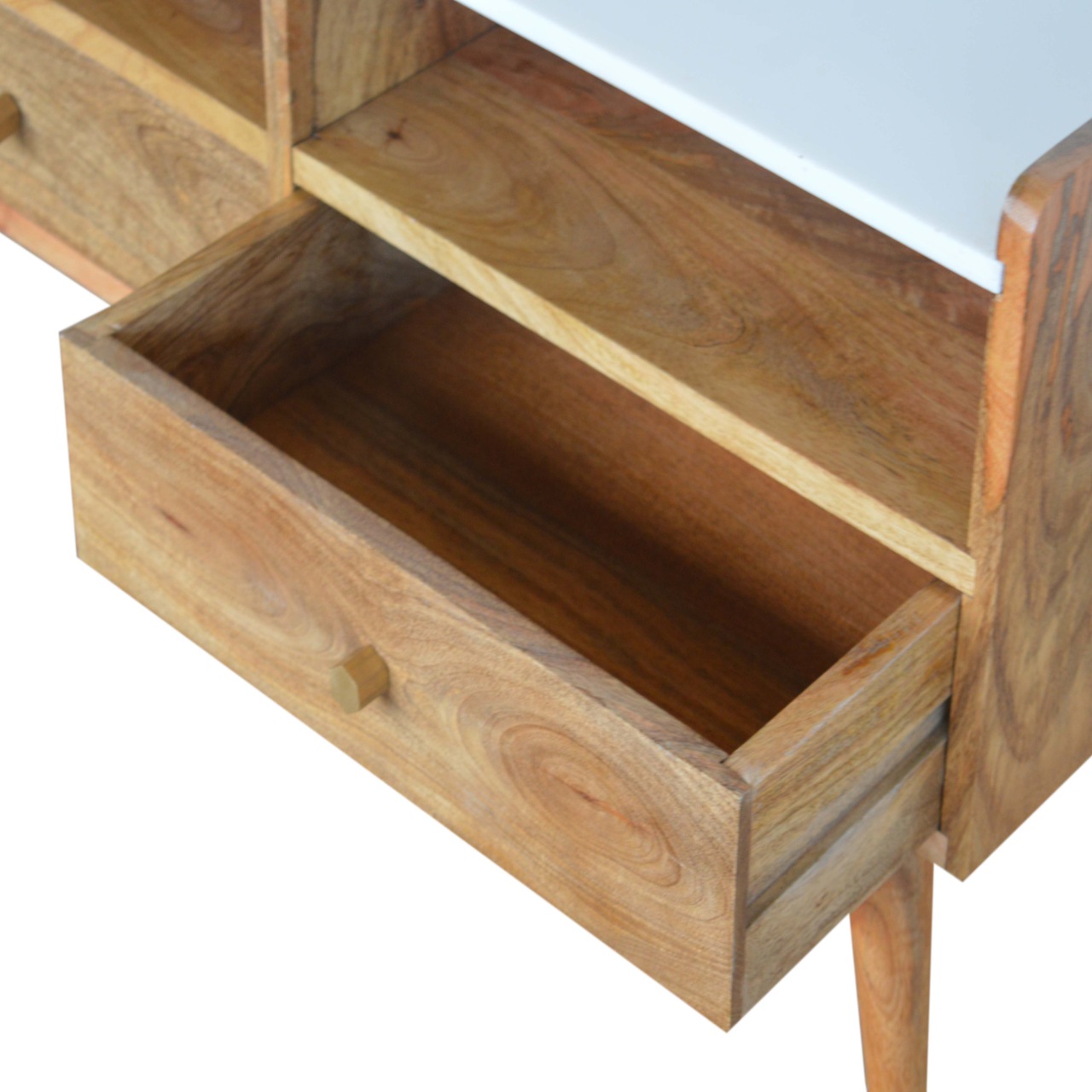Solid Mango Wood Oak Finished White Topped Faux Marble 2 Drawer Scandinavian Style Media Unit - Image 6