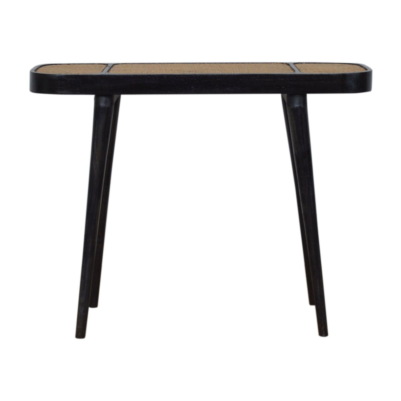 Solid Mango Wood Carbon Black Framed Rattan Topped Round Cornered Console Table