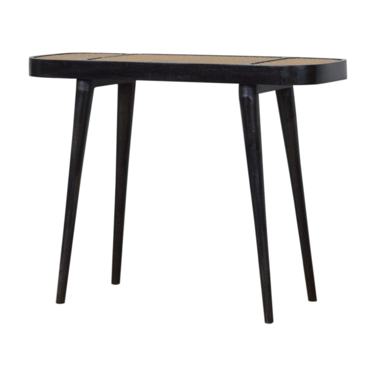 Solid Mango Wood Carbon Black Framed Rattan Topped Round Cornered Console Table - Image 2