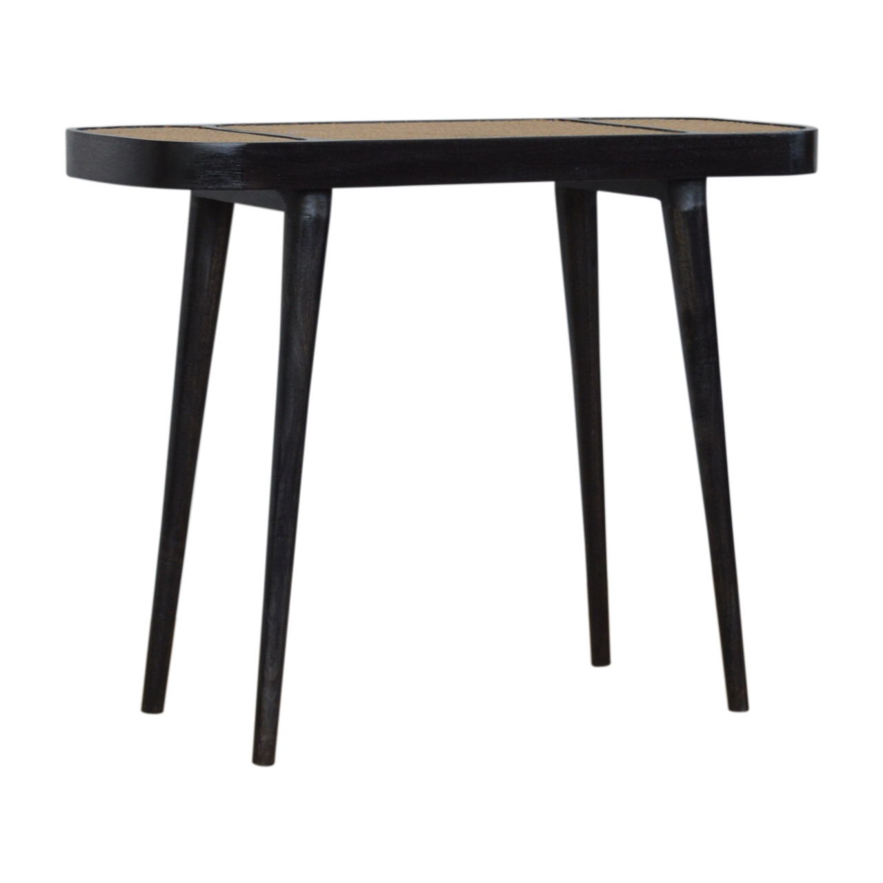 Solid Mango Wood Carbon Black Framed Rattan Topped Round Cornered Console Table - Image 3