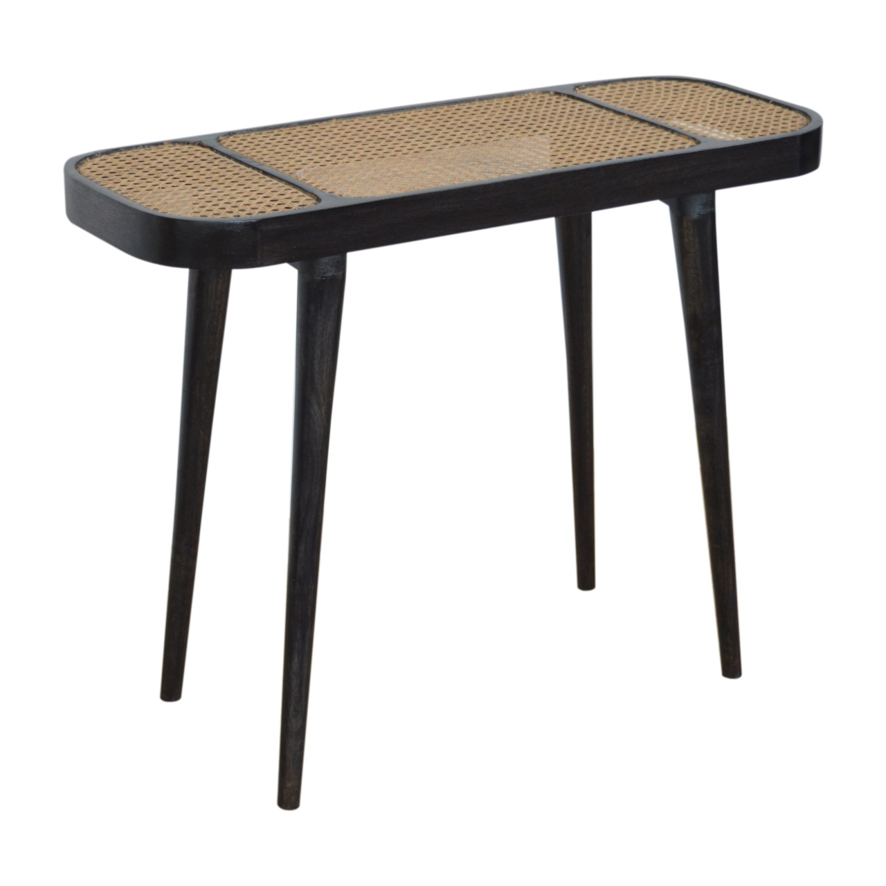 Solid Mango Wood Carbon Black Framed Rattan Topped Round Cornered Console Table - Image 4