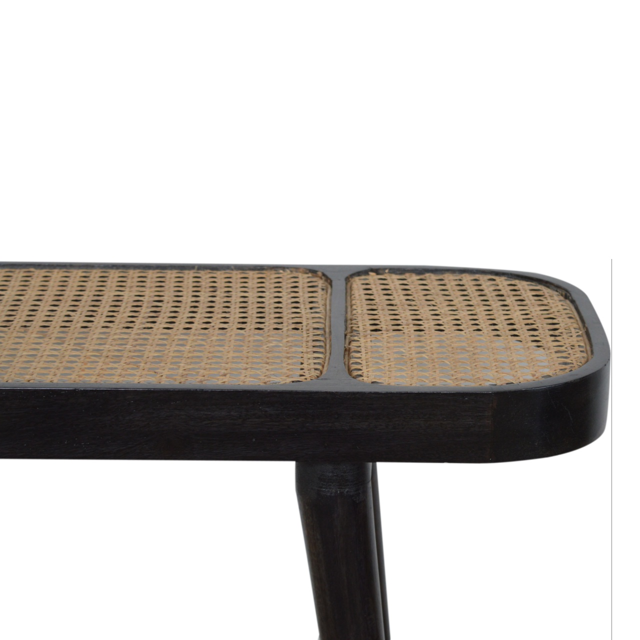 Solid Mango Wood Carbon Black Framed Rattan Topped Round Cornered Console Table - Image 5