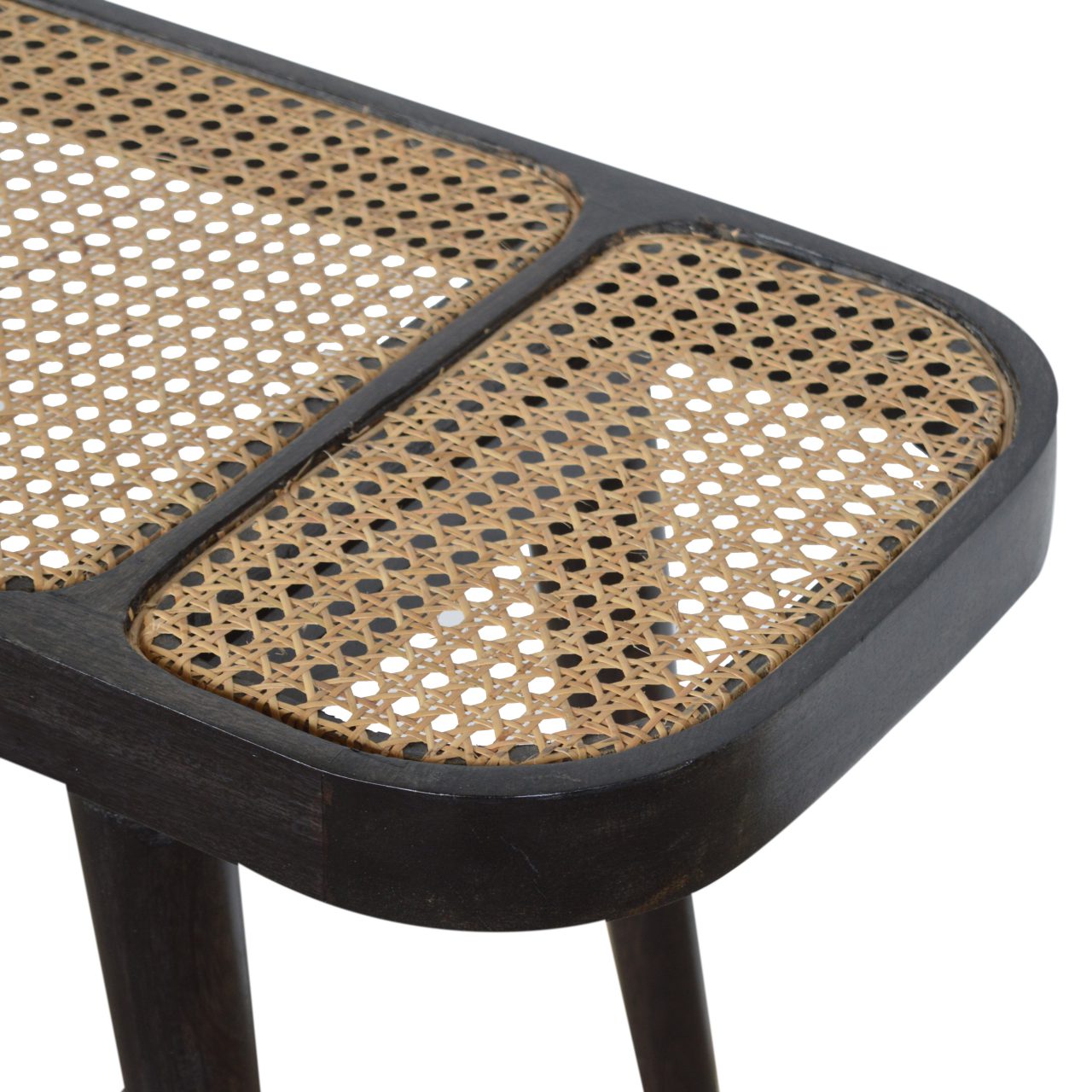 Solid Mango Wood Carbon Black Framed Rattan Topped Round Cornered Console Table - Image 7
