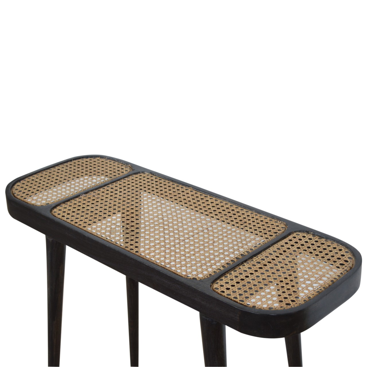 Solid Mango Wood Carbon Black Framed Rattan Topped Round Cornered Console Table - Image 8