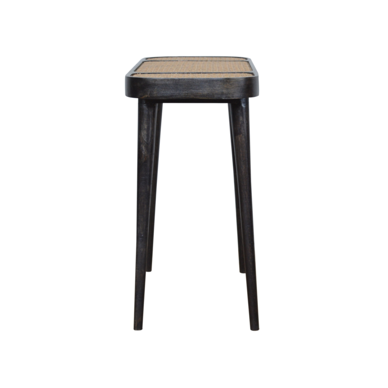 Solid Mango Wood Carbon Black Framed Rattan Topped Round Cornered Console Table - Image 9