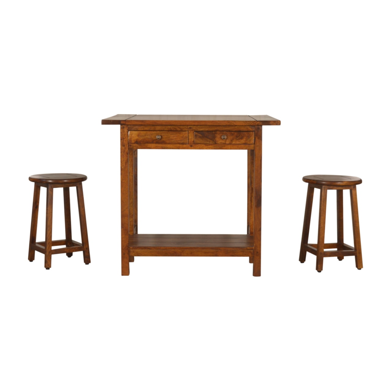 Solid Mango Wood Chestnut Finished Mango Wood Extending Breakfast Bench and 2 Stool Set - Image 2