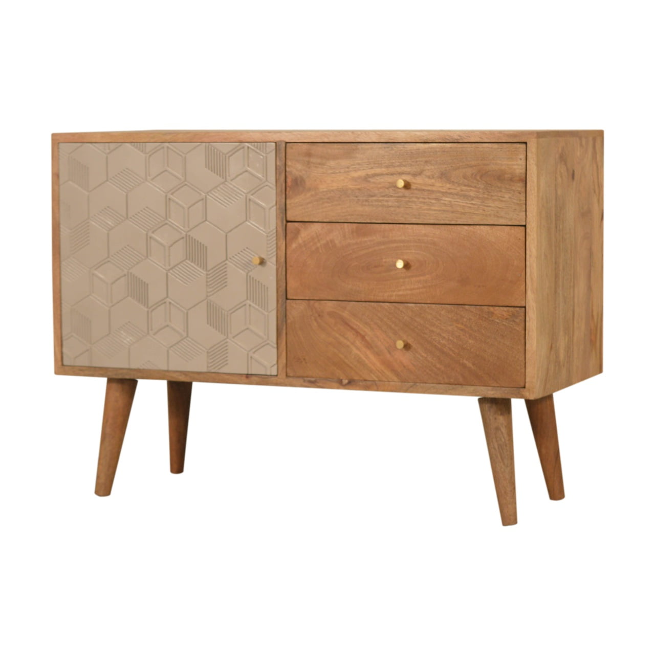 Solid Mango Wood Oak Finished Champagne Cube Design 3 Drawer 2 Shelf Acadia Cabinet with Scandinavian Legs - Image 3