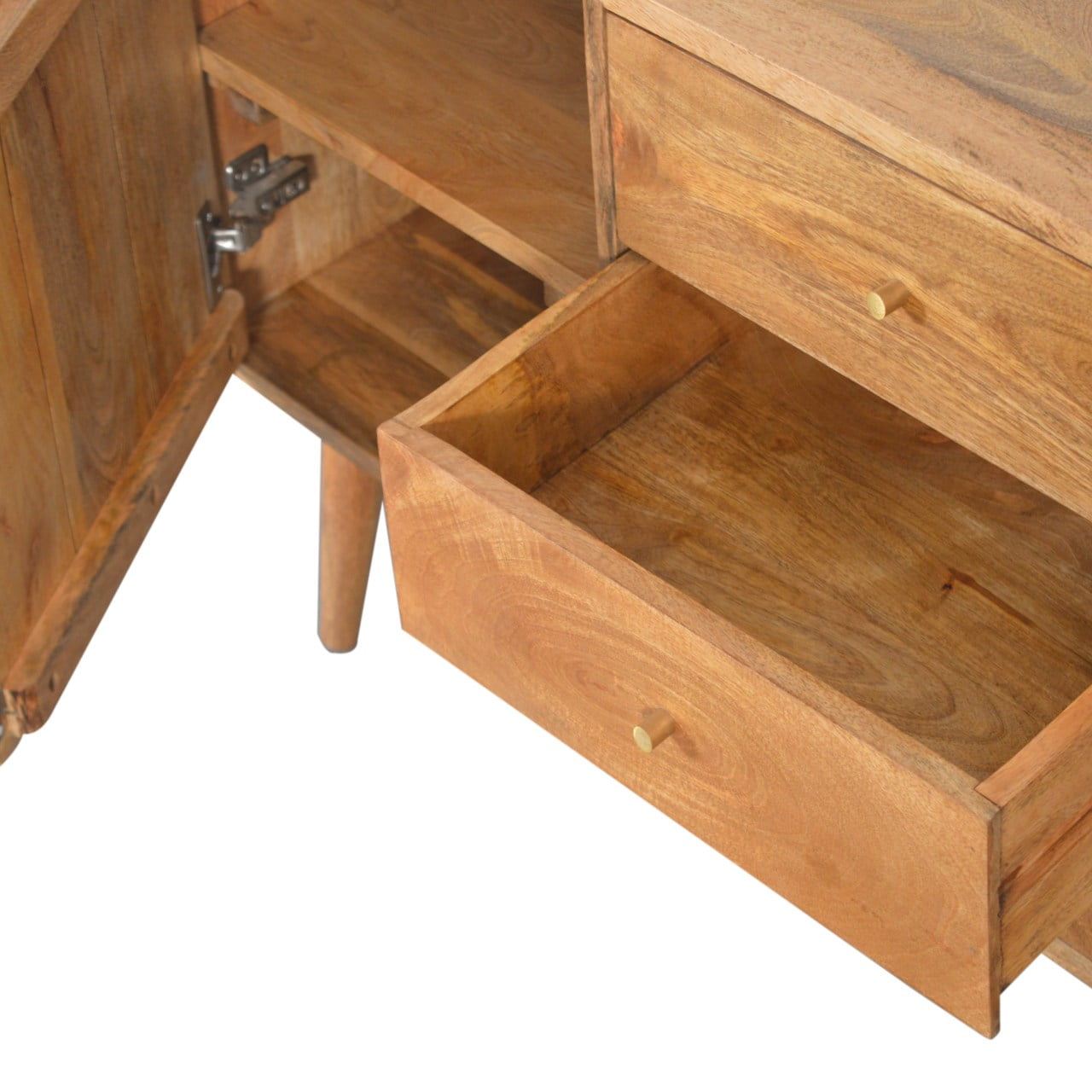 Solid Mango Wood Oak Finished Champagne Cube Design 3 Drawer 2 Shelf Acadia Cabinet with Scandinavian Legs - Image 5