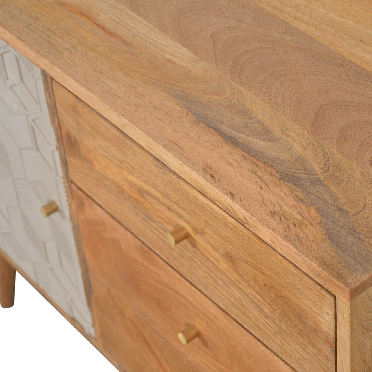 Solid Mango Wood Oak Finished Champagne Cube Design 3 Drawer 2 Shelf Acadia Cabinet with Scandinavian Legs - Image 6