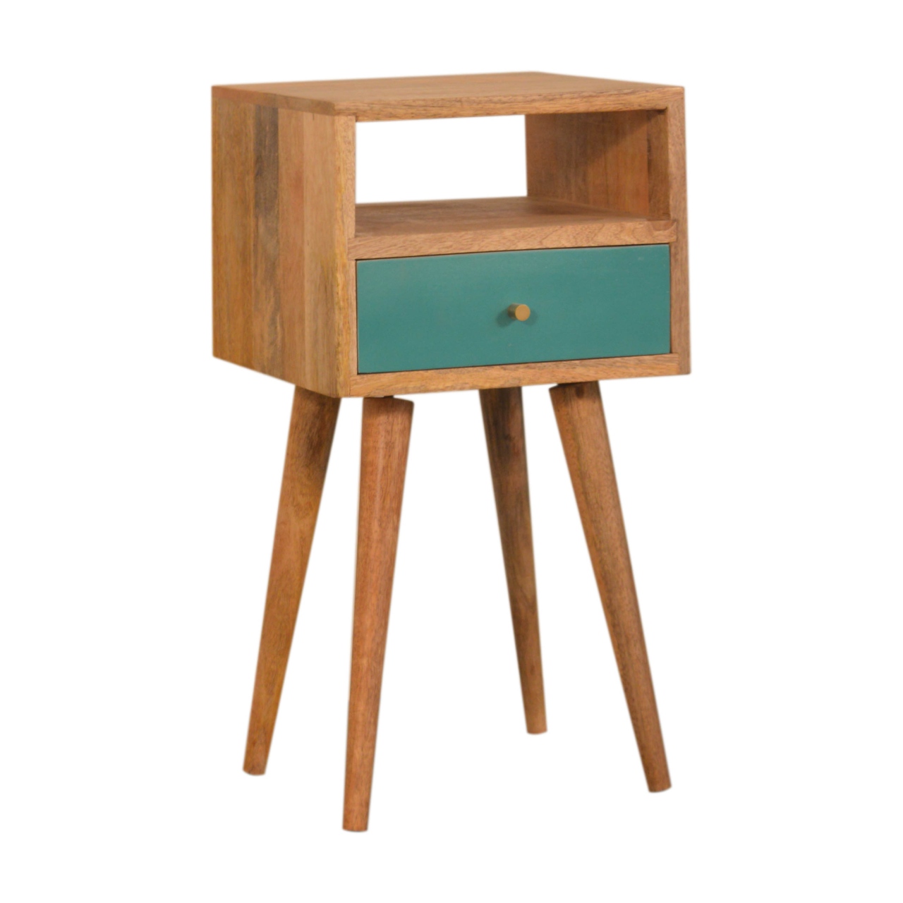 Solid Mango Wood Oak Finished Teal Hand Painted 1 Drawer 1 Slot Mini Bedside with Scandinavian Legs - Image 2