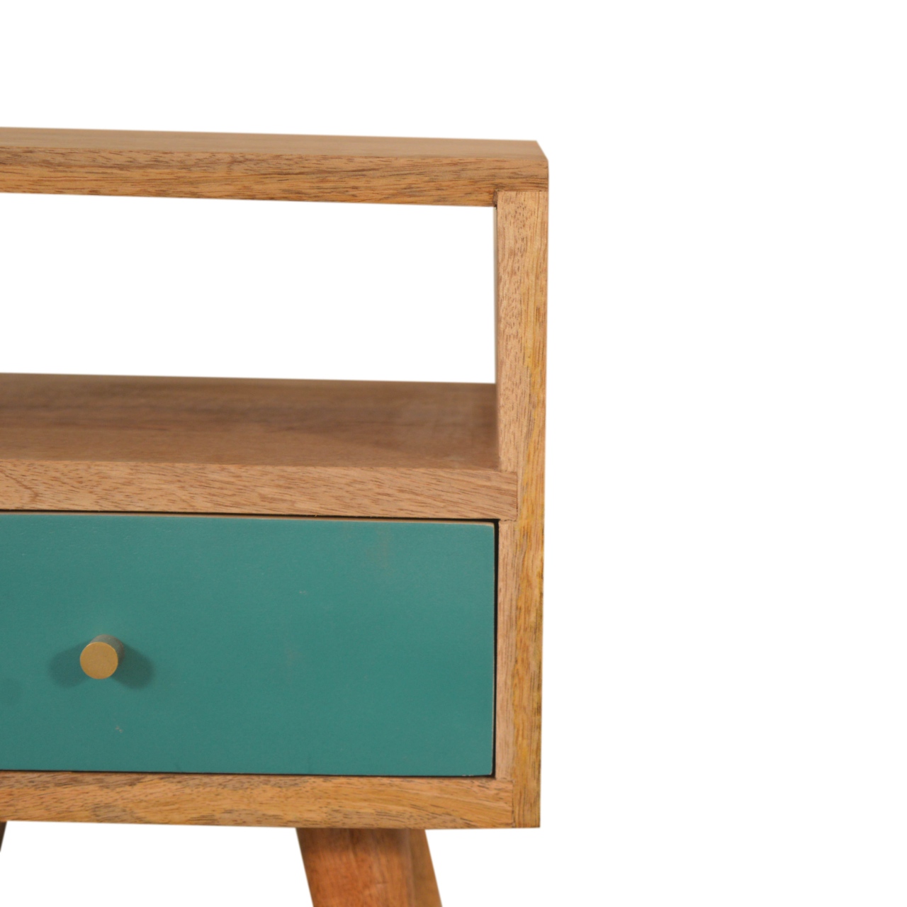 Solid Mango Wood Oak Finished Teal Hand Painted 1 Drawer 1 Slot Mini Bedside with Scandinavian Legs - Image 3