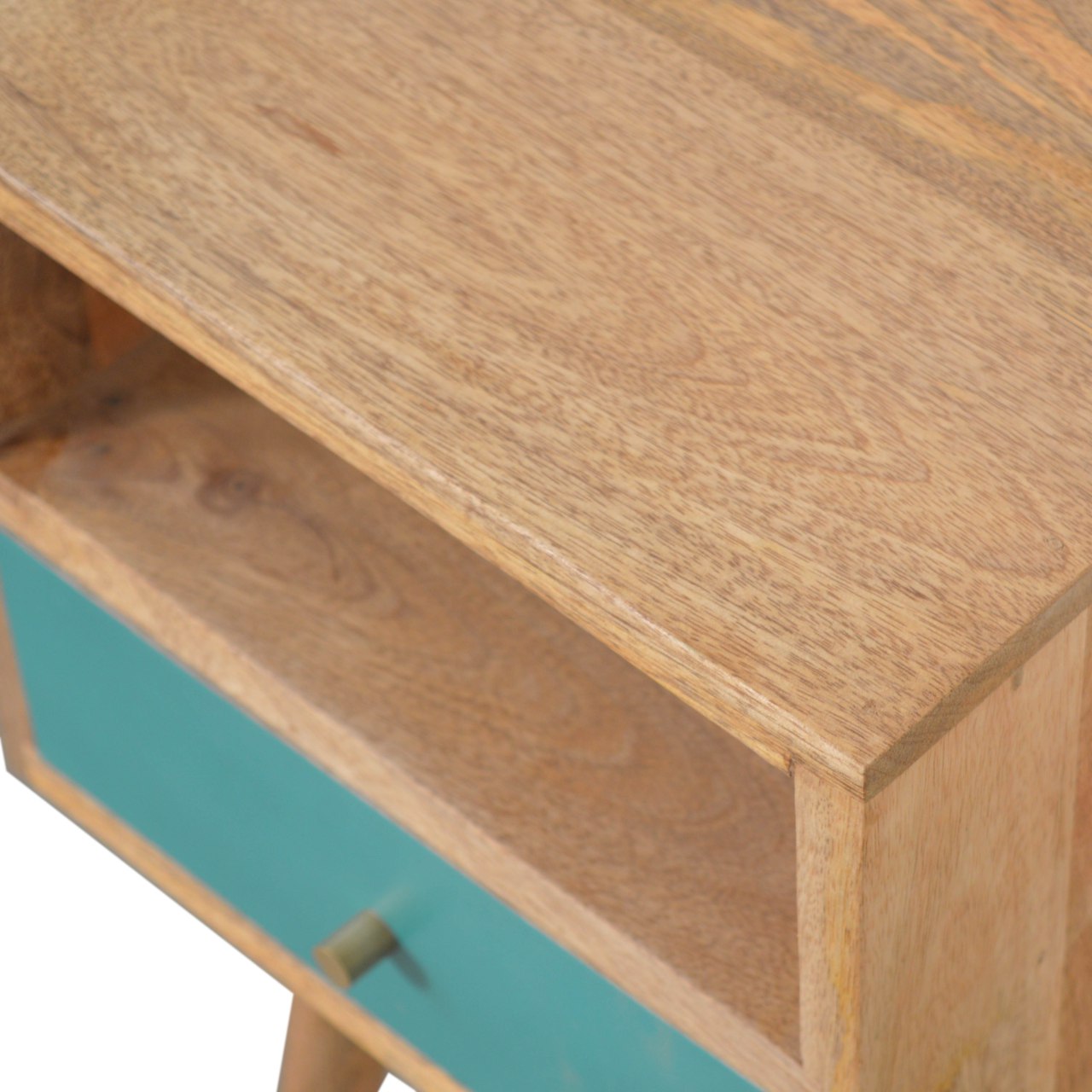 Solid Mango Wood Oak Finished Teal Hand Painted 1 Drawer 1 Slot Mini Bedside with Scandinavian Legs - Image 4