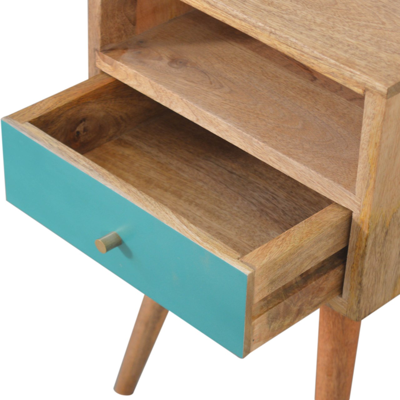 Solid Mango Wood Oak Finished Teal Hand Painted 1 Drawer 1 Slot Mini Bedside with Scandinavian Legs - Image 5