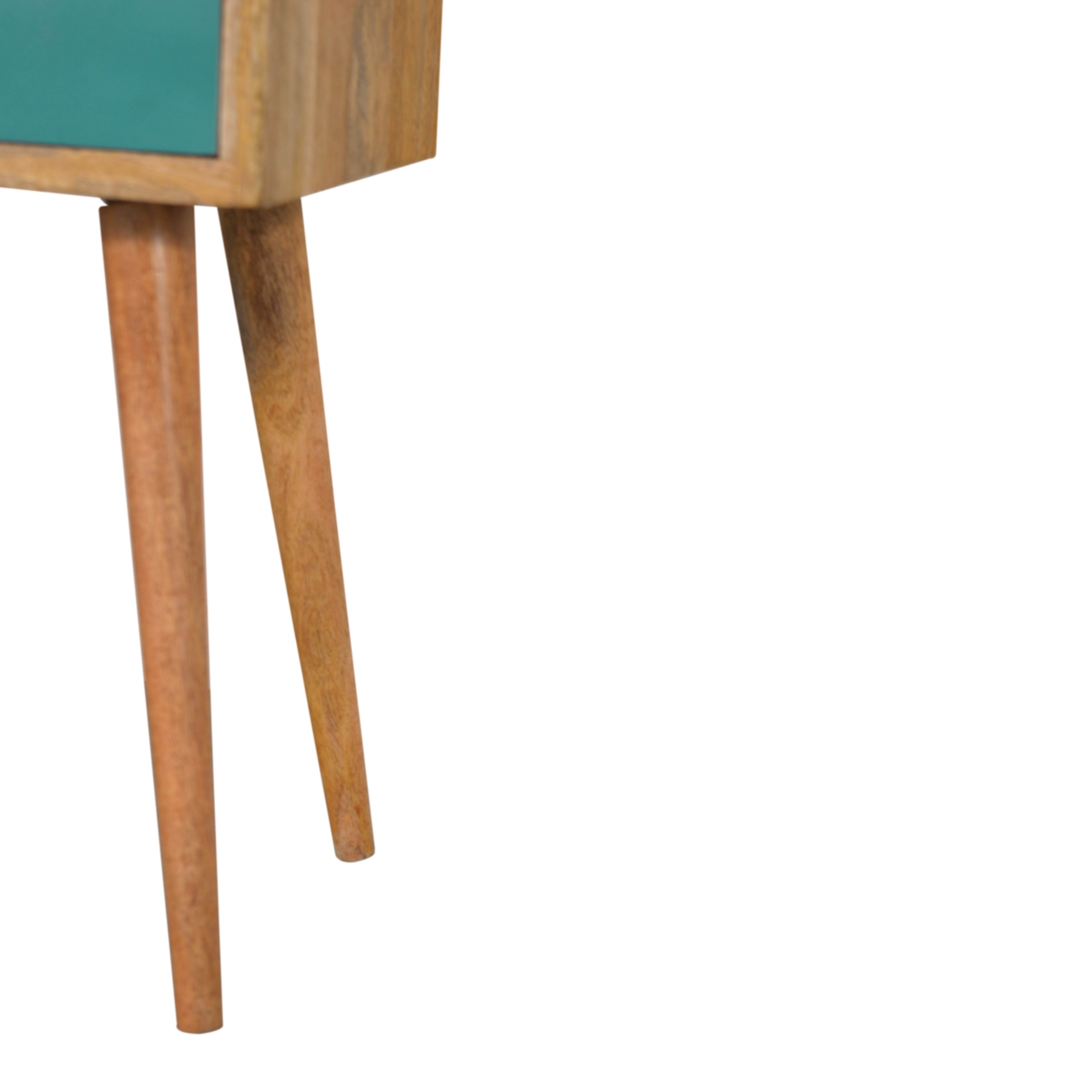 Solid Mango Wood Oak Finished Teal Hand Painted 1 Drawer 1 Slot Mini Bedside with Scandinavian Legs - Image 6