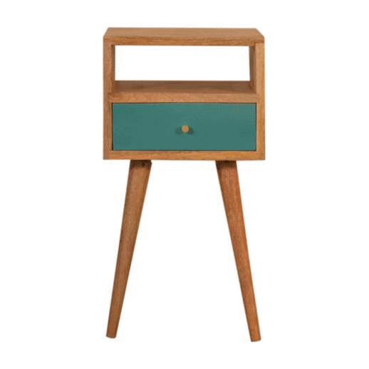 Solid Mango Wood Oak Finished Teal Hand Painted 1 Drawer 1 Slot Mini Bedside with Scandinavian Legs - Image 9