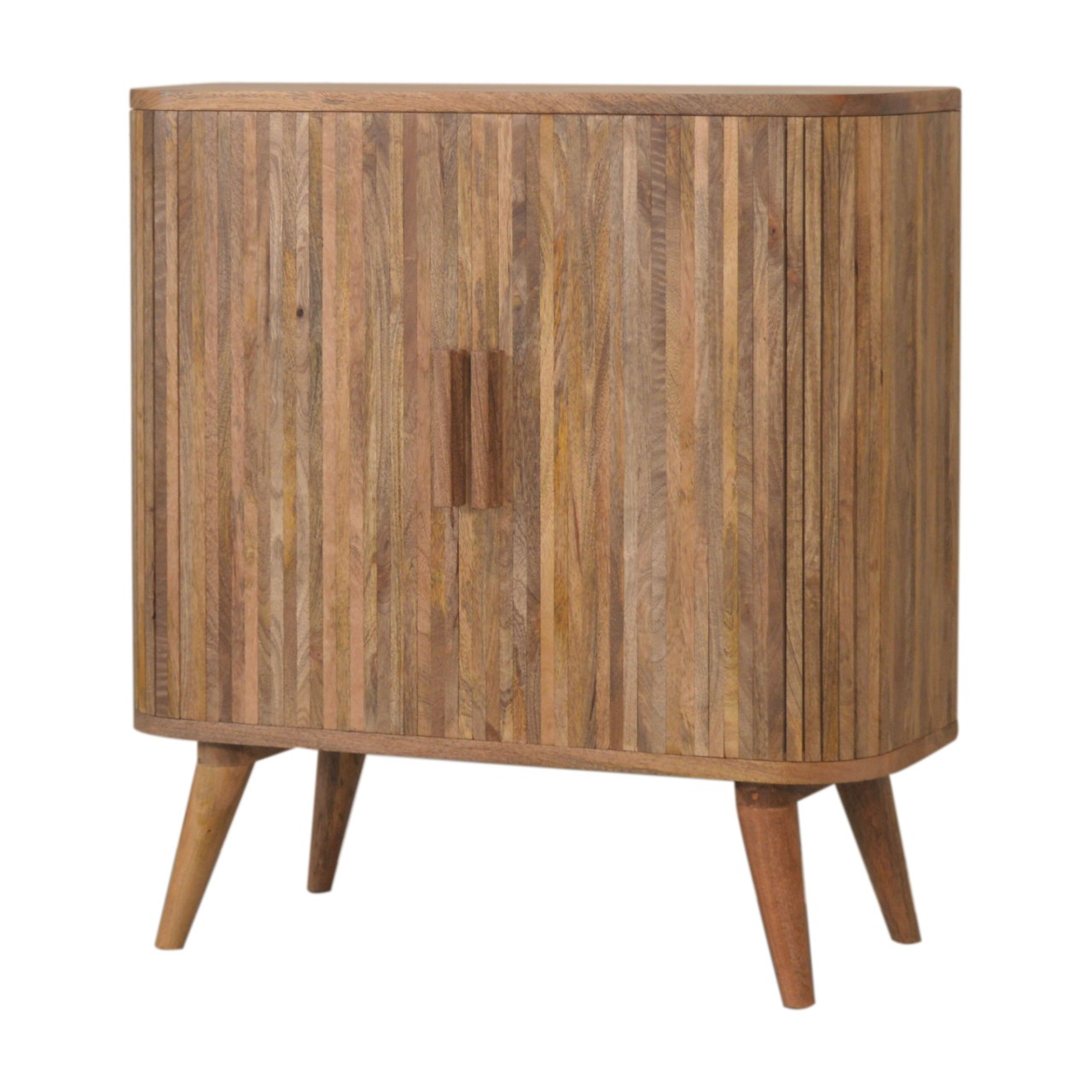 Solid Mango Wood Oak Finished 2 Door Striped Scandinavian Style Cabinet - Image 2