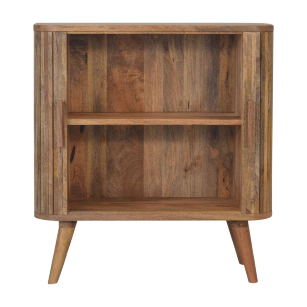 Solid Mango Wood Oak Finished 2 Door Striped Scandinavian Style Cabinet - Image 5