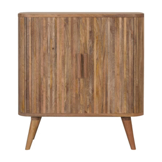 Solid Mango Wood Oak Finished 2 Door Striped Scandinavian Style Cabinet - Image 9