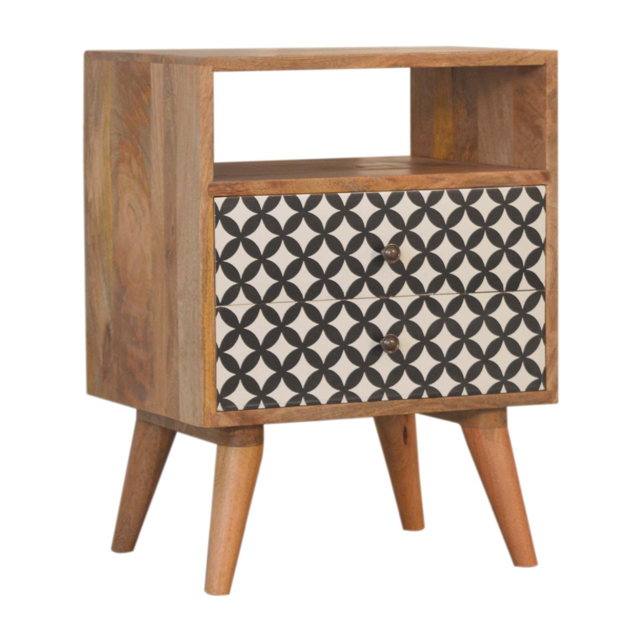 Solid Oak Finished Black and White Screen Diamond Printed Mango Wood 2 Drawer Bedside - Image 2