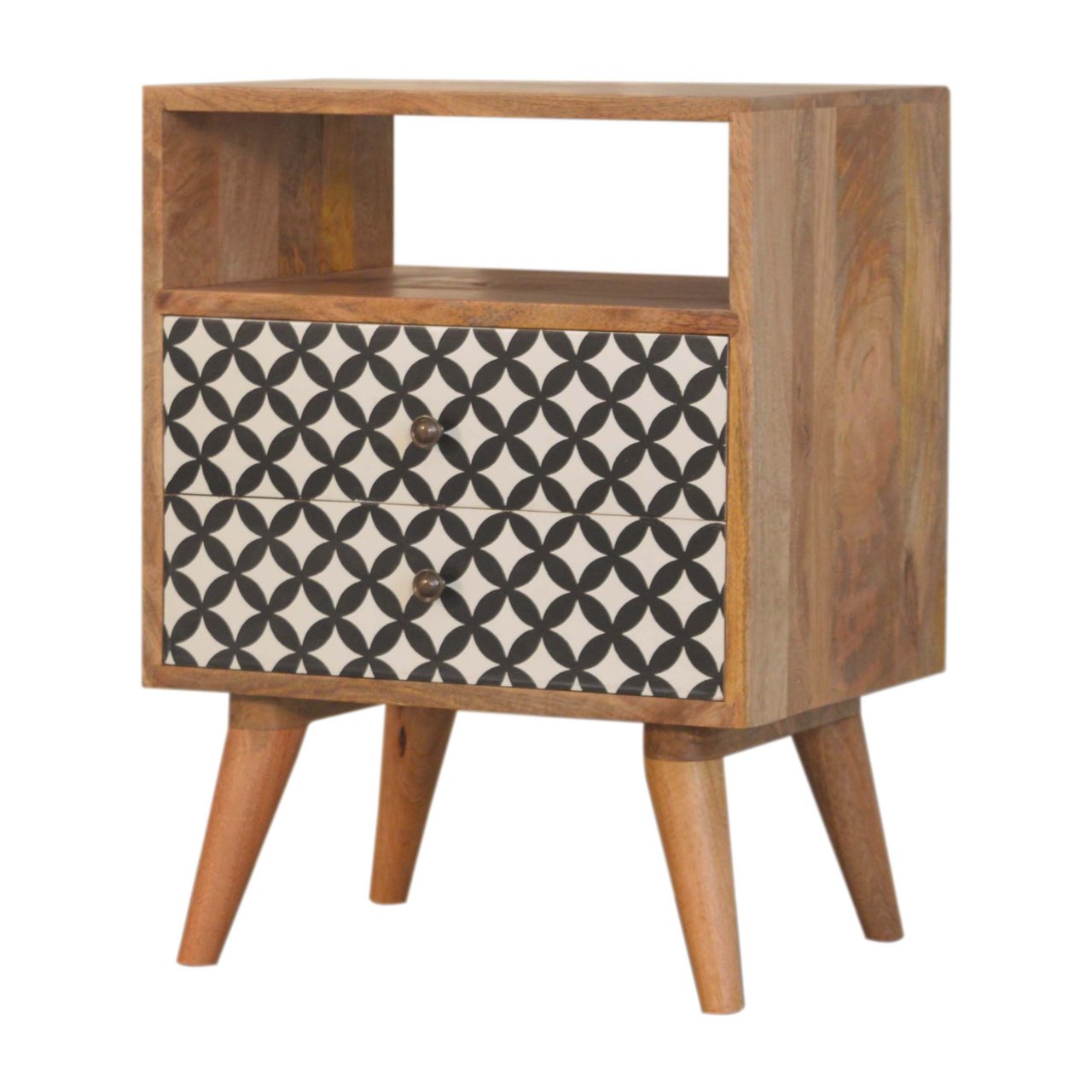 Solid Oak Finished Black and White Screen Diamond Printed Mango Wood 2 Drawer Bedside - Image 3