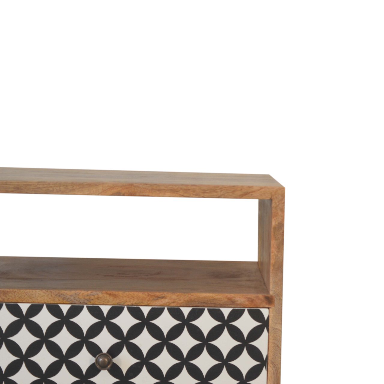 Solid Oak Finished Black and White Screen Diamond Printed Mango Wood 2 Drawer Bedside - Image 4