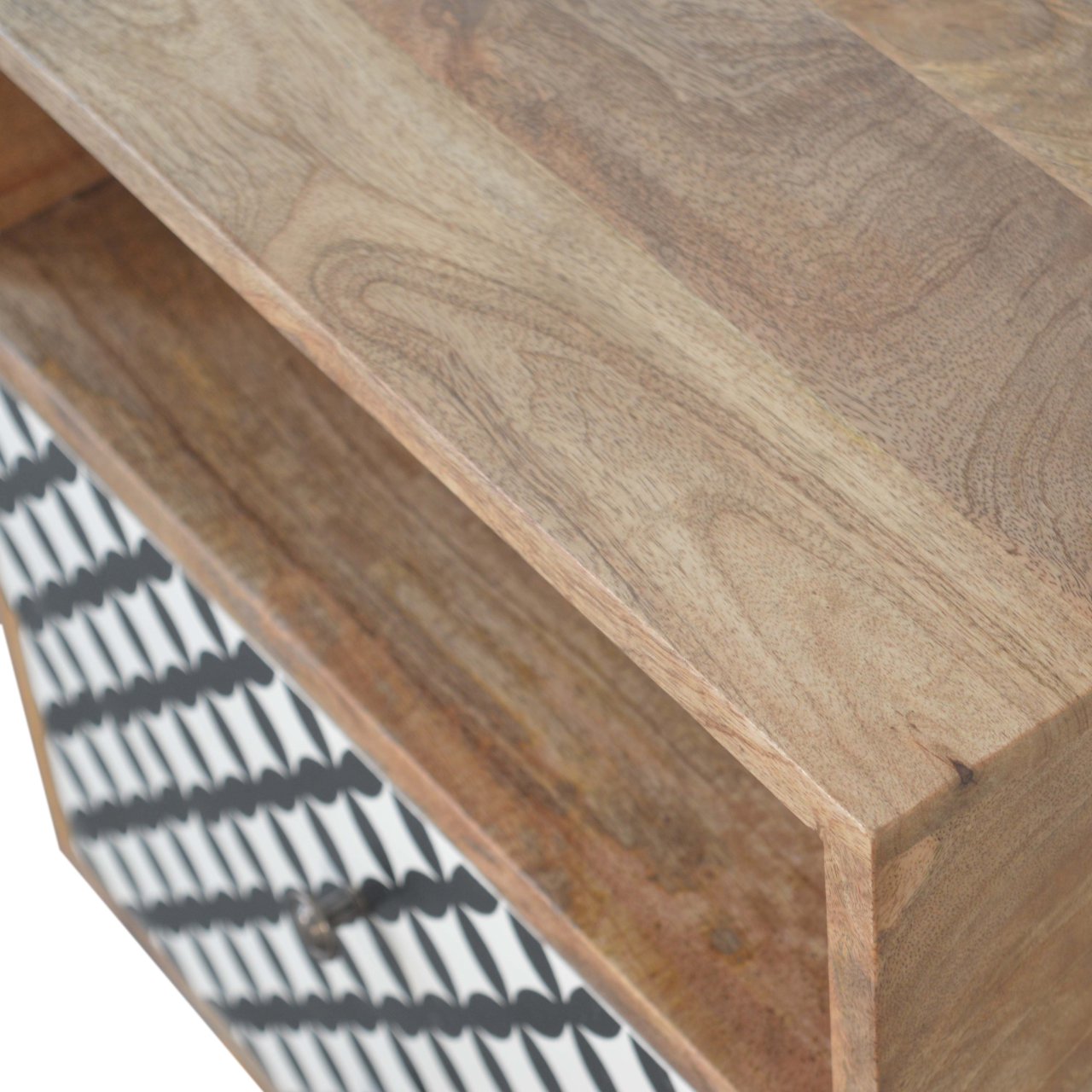 Solid Oak Finished Black and White Screen Diamond Printed Mango Wood 2 Drawer Bedside - Image 5