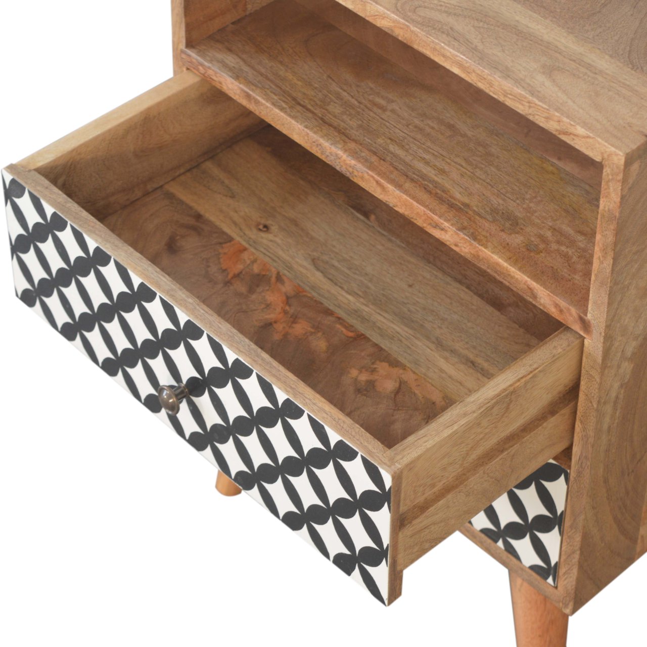 Solid Oak Finished Black and White Screen Diamond Printed Mango Wood 2 Drawer Bedside - Image 6