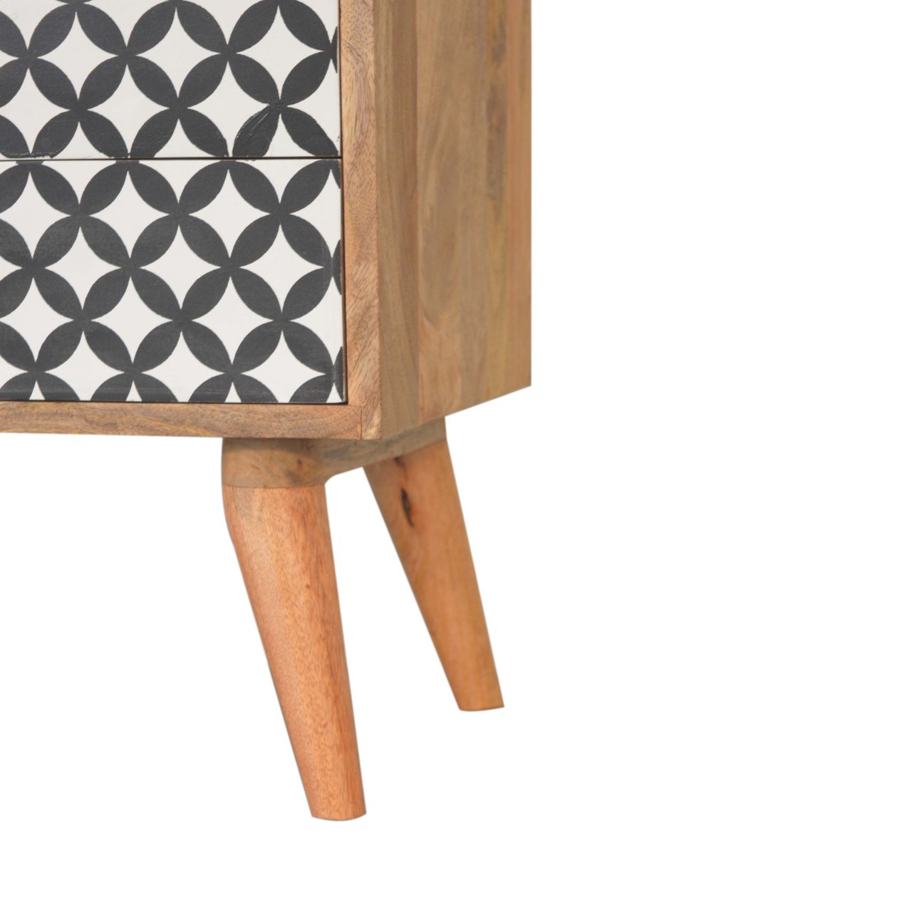 Solid Oak Finished Black and White Screen Diamond Printed Mango Wood 2 Drawer Bedside - Image 7