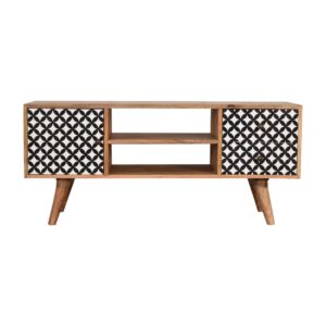 Solid Mango Wood Oak Finished + Screen Printed 2 Drawer 2 Open Slots 1 Door Media Unit