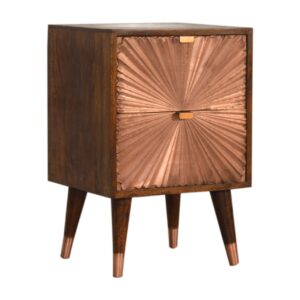 Solid Mango Wood Chestnut Finished Manila Brass Plated 2 Drawer Bedside with 4 Scandinavian Style Legs