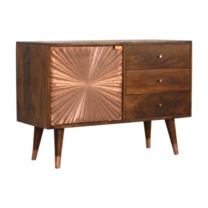 Solid Mango Wood Finished Brass Plate Front 3 Drawer Cabinet with Scandinavian Legs