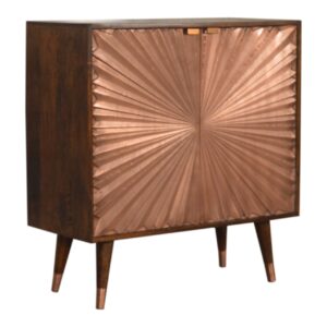 Solid Mango Wood Chestnut Finished Mango Wood Brass Plate Front 2 Door Cabinet with Scandinavian Legs