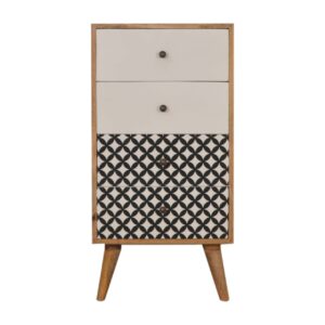 Solid Mango Wood Oak Finished Black Diamond Printed 4 Drawer Tall Boy Chest of Drawers with 4 Scandinavian Style Legs