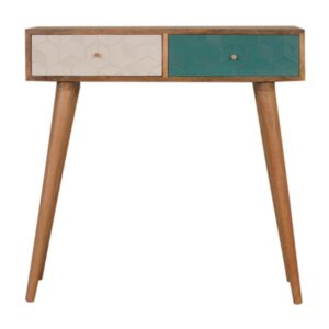 Solid Mango Wood Oak Finished White and Teal Painted 2 Drawer Console Table
