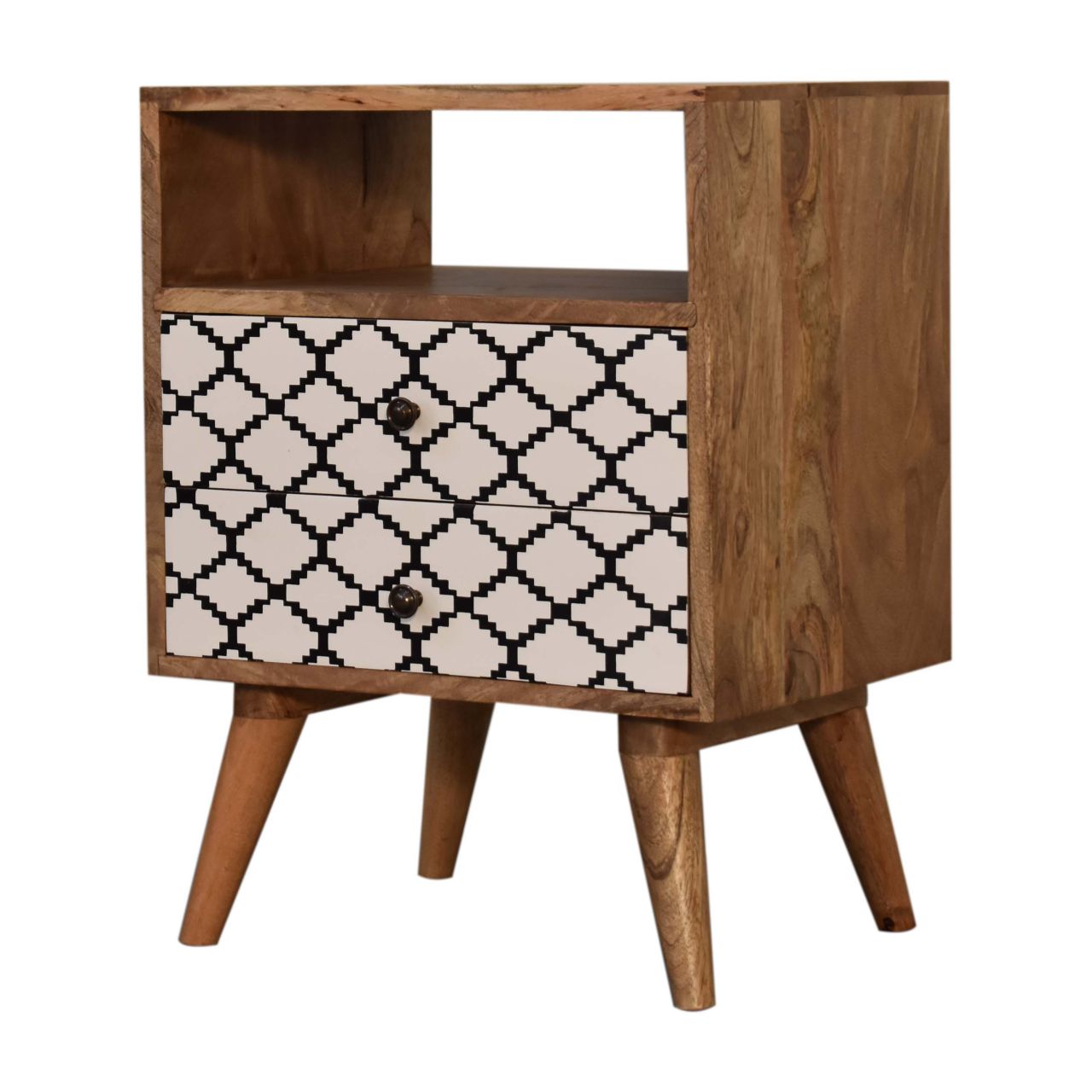Solid Oak Finished Black and White Screen Printed Stella Mango Wood 2 Drawer Bedside - Image 2