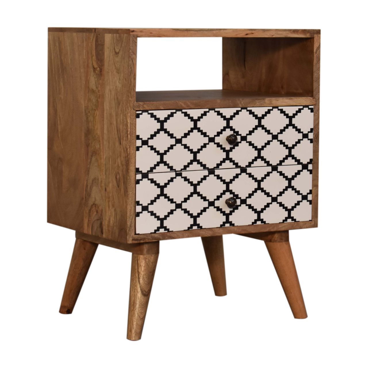 Solid Oak Finished Black and White Screen Printed Stella Mango Wood 2 Drawer Bedside - Image 3