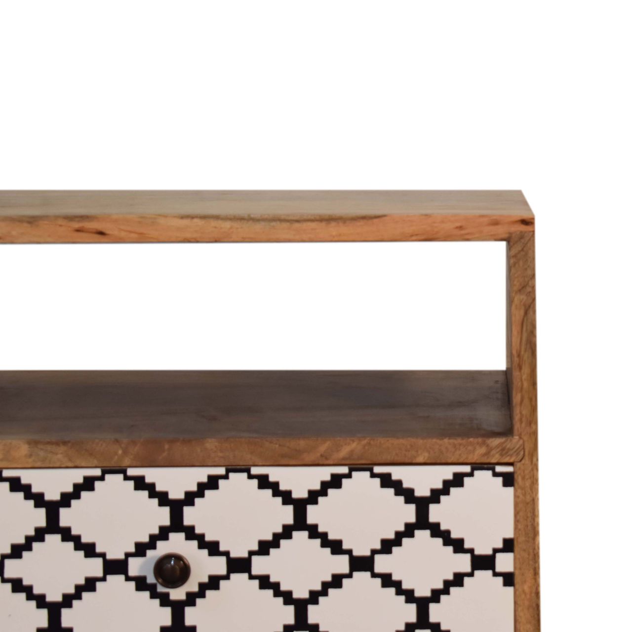 Solid Oak Finished Black and White Screen Printed Stella Mango Wood 2 Drawer Bedside - Image 4