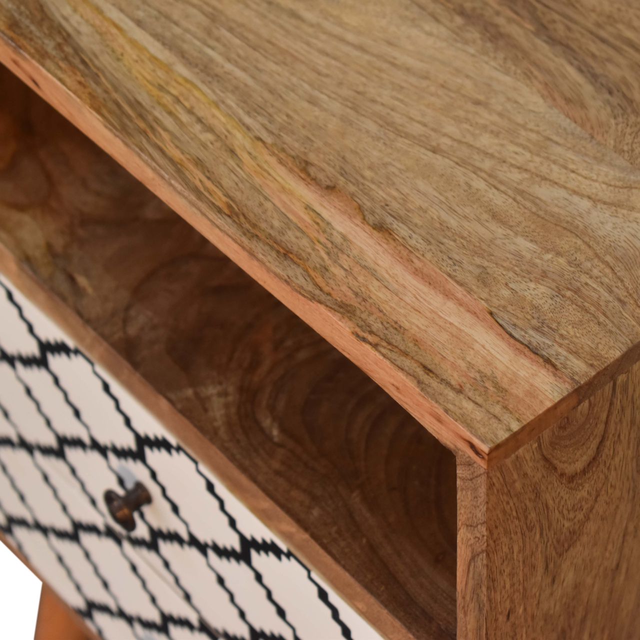 Solid Oak Finished Black and White Screen Printed Stella Mango Wood 2 Drawer Bedside - Image 5
