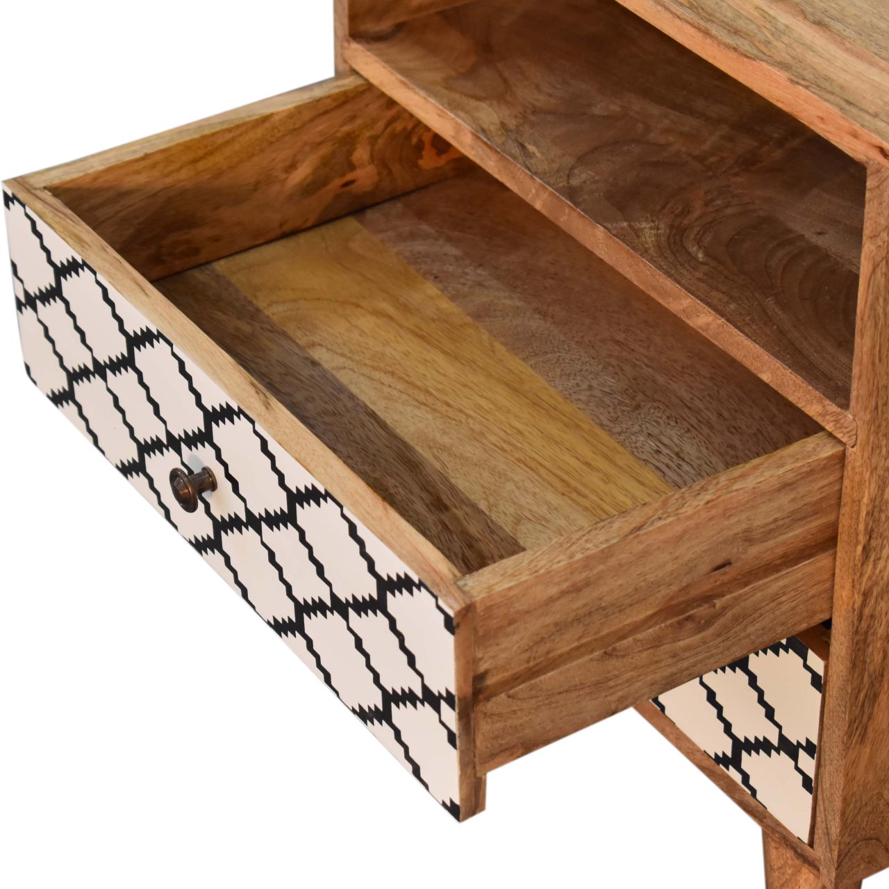 Solid Oak Finished Black and White Screen Printed Stella Mango Wood 2 Drawer Bedside - Image 6