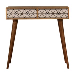 Solid Mango Wood Black and White Triangle Screen Printed Scandinavian Style 2 Drawer Console Table