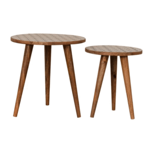 Solid Mango Wood Finished Geometric Pattern Scandinavian Style Set of Two Lismore End Tables