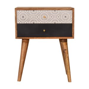 Solid Mango Wood Oak Finished 2 Drawer Hand Painted Black Patterned Bedside